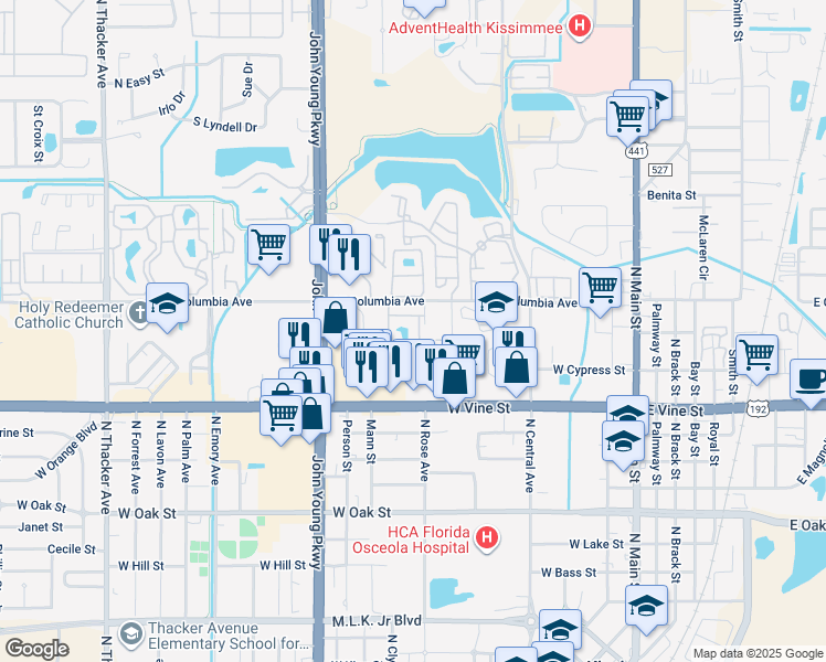 map of restaurants, bars, coffee shops, grocery stores, and more near 1610 Columbia Arms Circle in Kissimmee