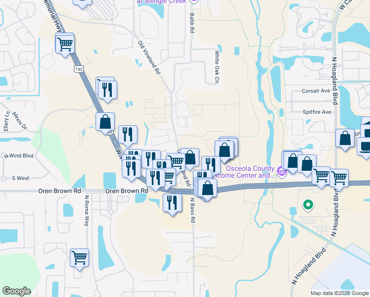 map of restaurants, bars, coffee shops, grocery stores, and more near 1536 Tangelo Circle in Kissimmee