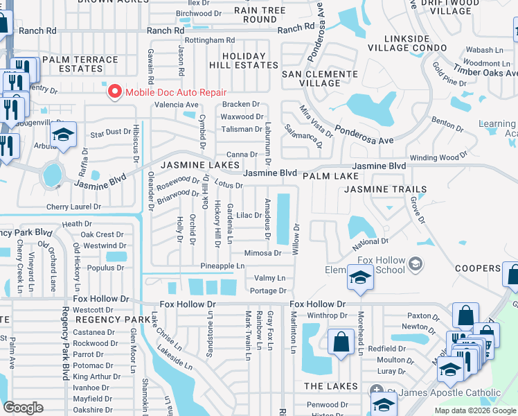 map of restaurants, bars, coffee shops, grocery stores, and more near 7838 Lilac Drive in Port Richey