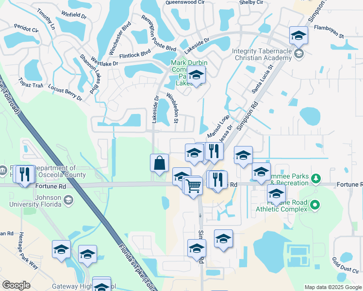 map of restaurants, bars, coffee shops, grocery stores, and more near 2201 Whistlers Park Circle in Kissimmee
