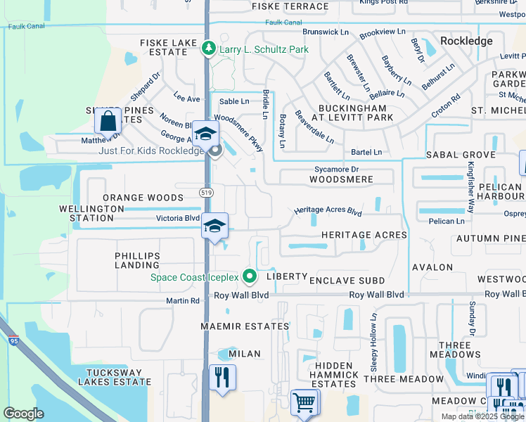 map of restaurants, bars, coffee shops, grocery stores, and more near 366 Gladiola Circle in Rockledge