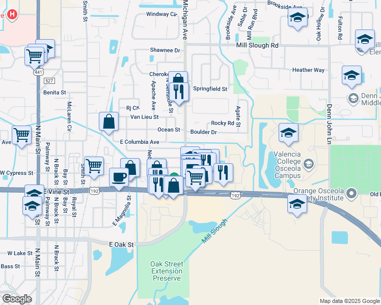 map of restaurants, bars, coffee shops, grocery stores, and more near 1237 Delaware Avenue in Kissimmee