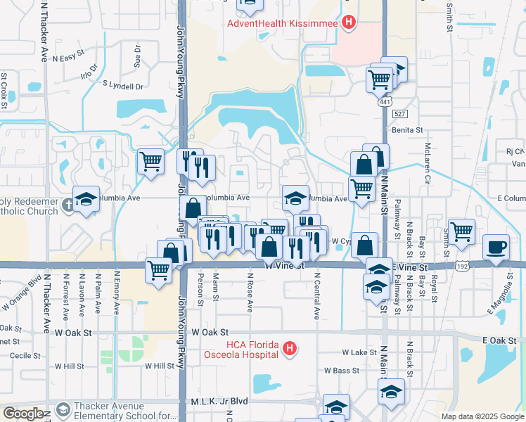 map of restaurants, bars, coffee shops, grocery stores, and more near 704 West Columbia Avenue in Kissimmee