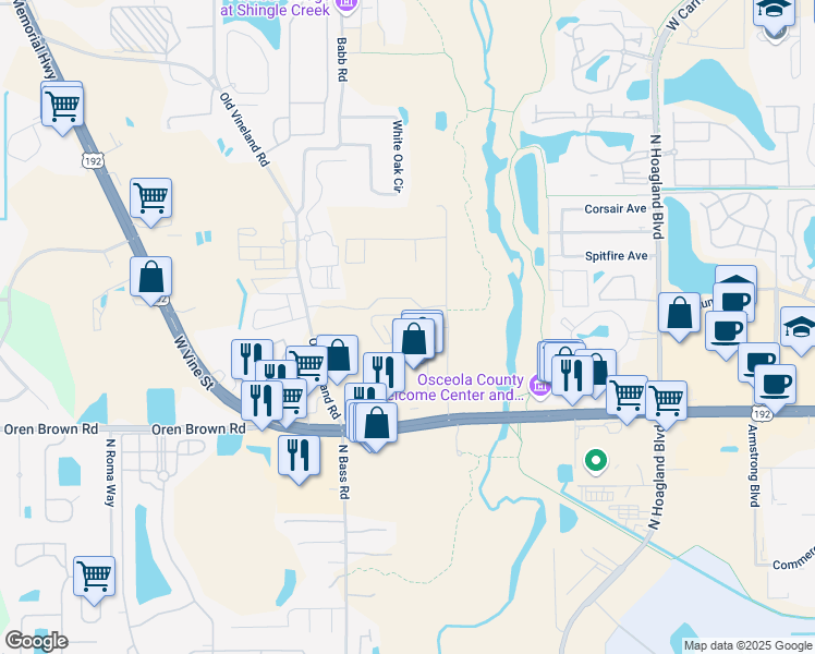 map of restaurants, bars, coffee shops, grocery stores, and more near 2198-1772 Yates Road in Kissimmee