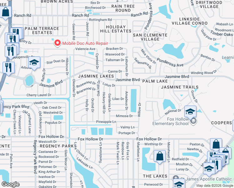 map of restaurants, bars, coffee shops, grocery stores, and more near 10338 Honeysuckle Lane in Port Richey