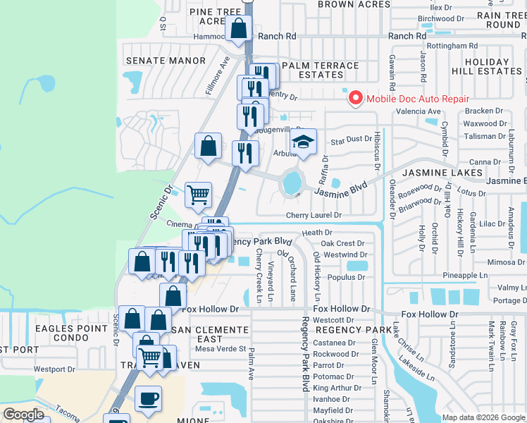 map of restaurants, bars, coffee shops, grocery stores, and more near 7021 Cherry Laurel Drive in Port Richey