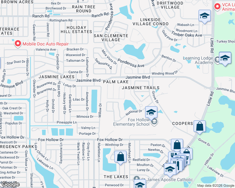 map of restaurants, bars, coffee shops, grocery stores, and more near 10321 County Lake Drive in Port Richey