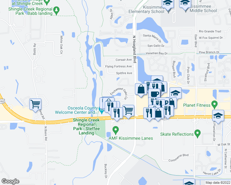 map of restaurants, bars, coffee shops, grocery stores, and more near 1746 Foxhall Circle in Kissimmee