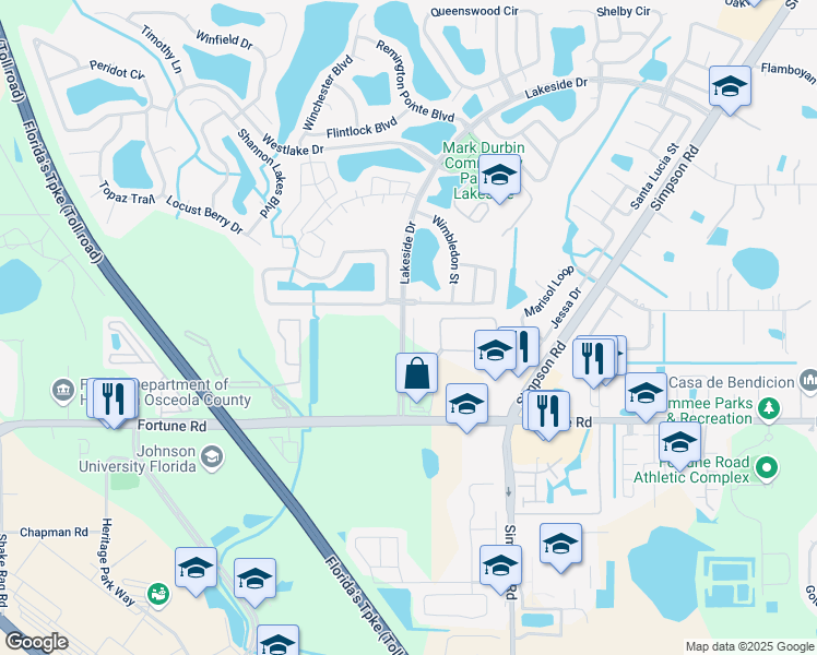 map of restaurants, bars, coffee shops, grocery stores, and more near 2280 Mallard Creek Circle in Kissimmee