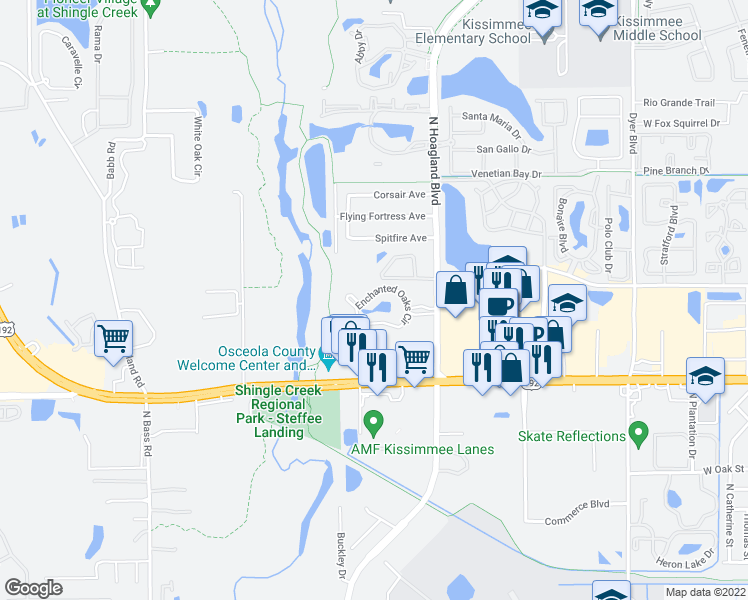 map of restaurants, bars, coffee shops, grocery stores, and more near 1746 Foxhall Circle in Kissimmee