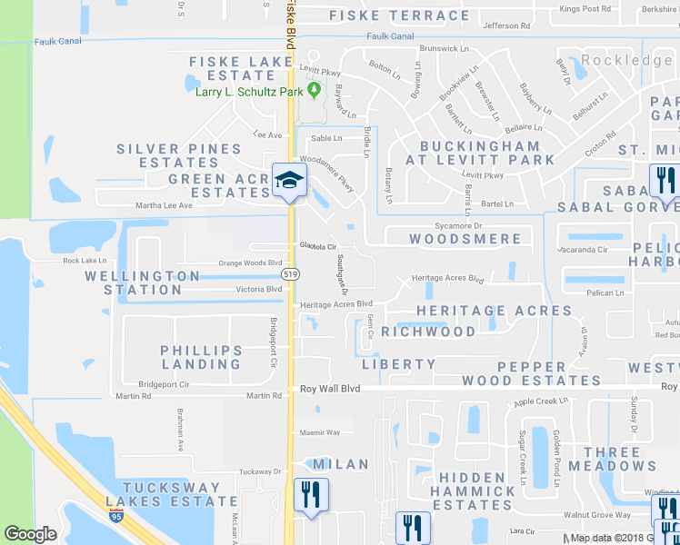 map of restaurants, bars, coffee shops, grocery stores, and more near 3100 Southgate Drive in Rockledge