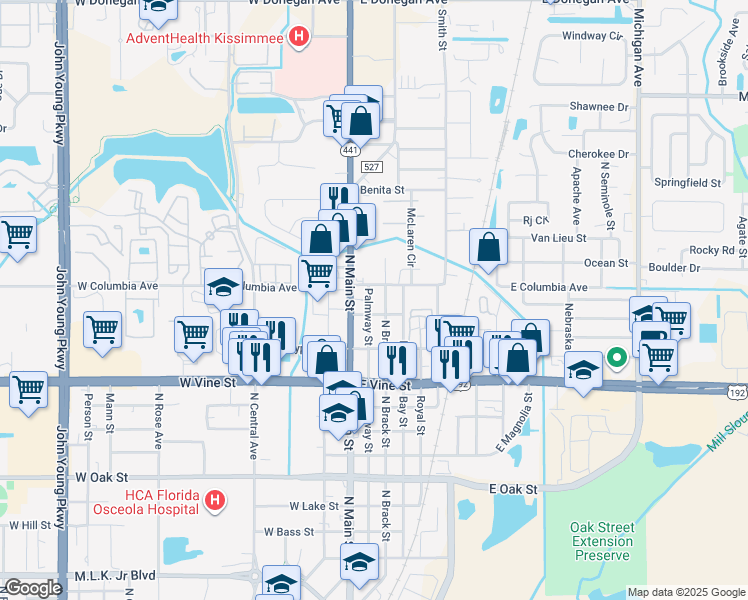 map of restaurants, bars, coffee shops, grocery stores, and more near 1809 North Brack Street in Kissimmee
