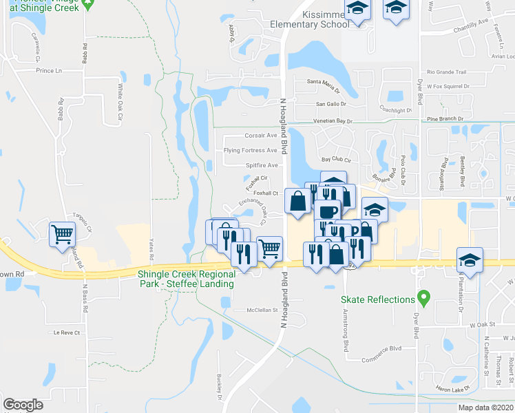 map of restaurants, bars, coffee shops, grocery stores, and more near 1746 Foxhall Circle in Kissimmee