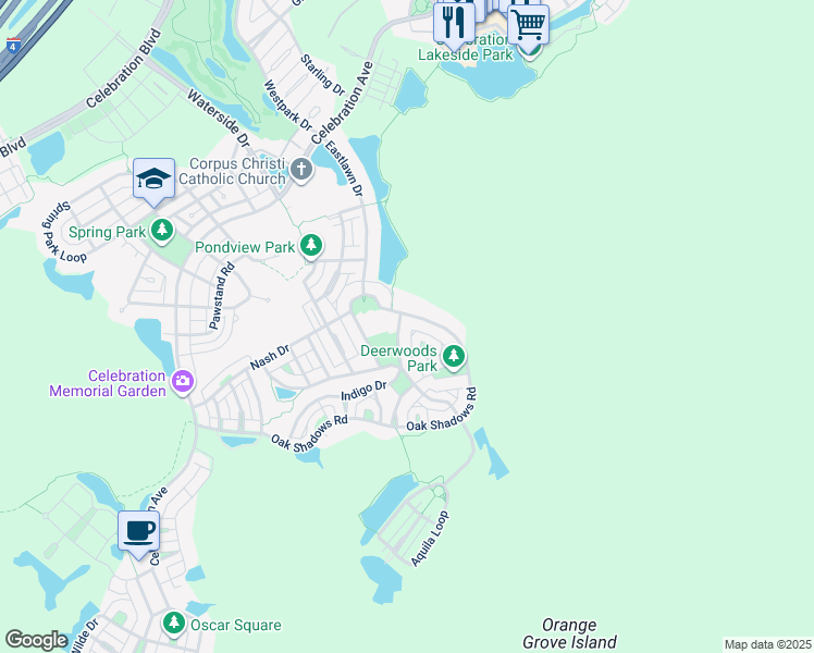 map of restaurants, bars, coffee shops, grocery stores, and more near 797 Oak Shadows Road in Kissimmee