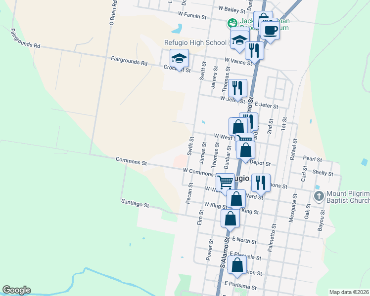 map of restaurants, bars, coffee shops, grocery stores, and more near 201 Swift Street in Refugio