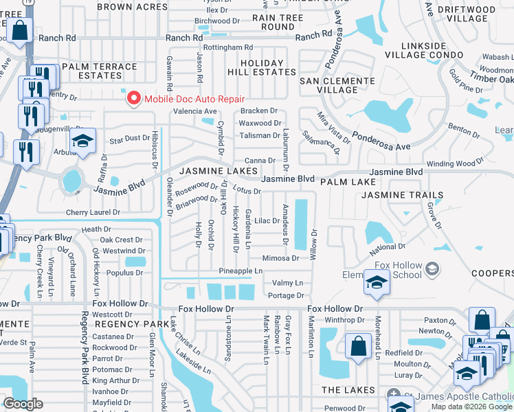 map of restaurants, bars, coffee shops, grocery stores, and more near 10338 Honeysuckle Lane in Port Richey