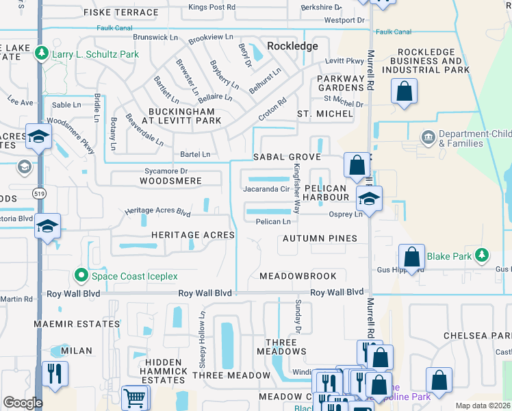 map of restaurants, bars, coffee shops, grocery stores, and more near 1021 Pelican Lane in Rockledge