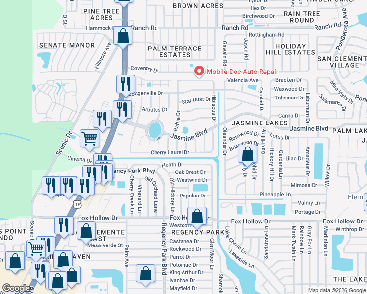 map of restaurants, bars, coffee shops, grocery stores, and more near 10334 Castalie Drive in Port Richey