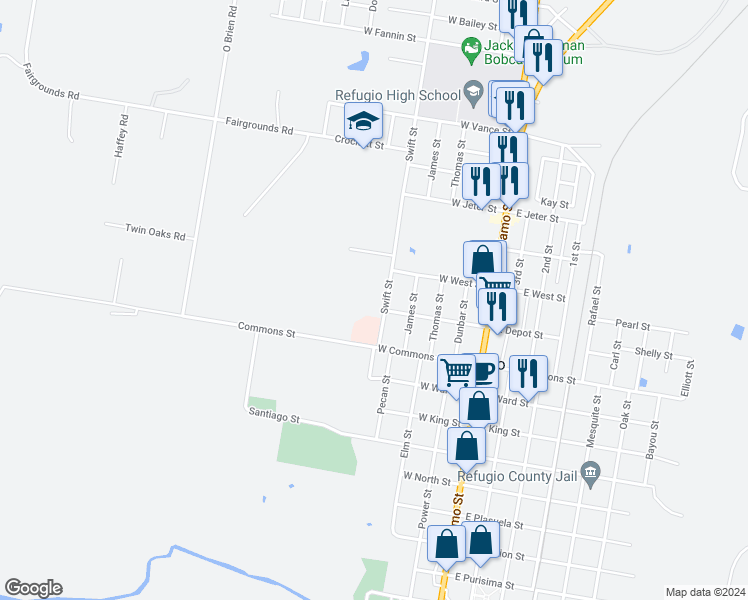 map of restaurants, bars, coffee shops, grocery stores, and more near 201 Swift Street in Refugio