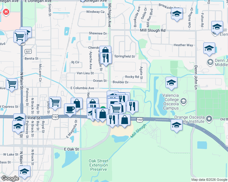 map of restaurants, bars, coffee shops, grocery stores, and more near 1322 Boulder Drive in Kissimmee