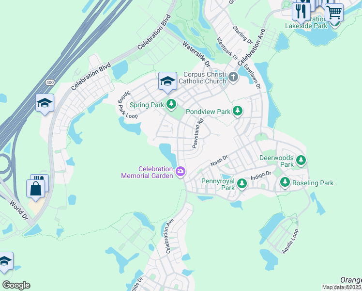 map of restaurants, bars, coffee shops, grocery stores, and more near 1057 Banks Rose Street in Celebration
