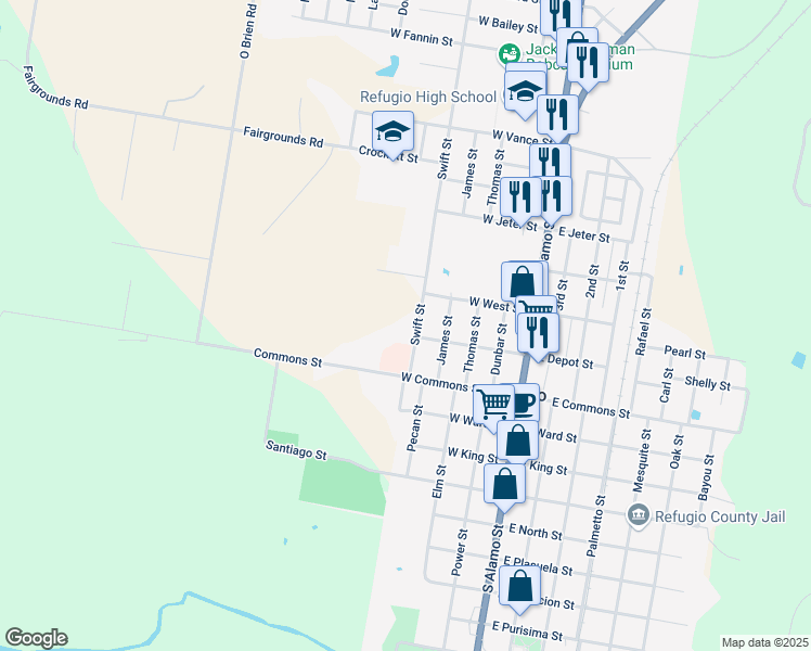 map of restaurants, bars, coffee shops, grocery stores, and more near 201 Swift Street in Refugio