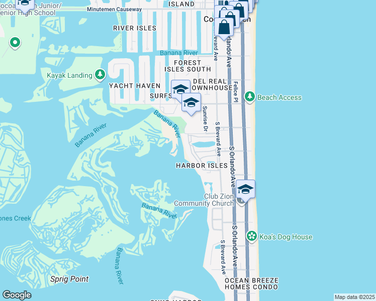 map of restaurants, bars, coffee shops, grocery stores, and more near 580 South Brevard Avenue in Cocoa Beach