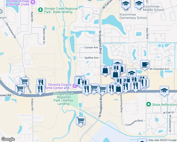 map of restaurants, bars, coffee shops, grocery stores, and more near 4108 Enchanted Oaks Circle in Kissimmee
