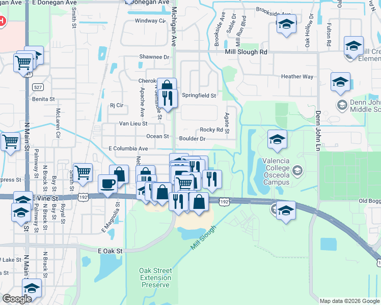 map of restaurants, bars, coffee shops, grocery stores, and more near 1322 Boulder Drive in Kissimmee