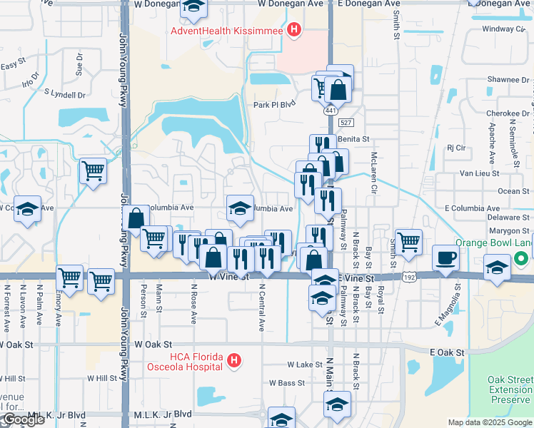 map of restaurants, bars, coffee shops, grocery stores, and more near 1701 North Central Avenue in Kissimmee