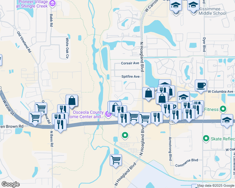 map of restaurants, bars, coffee shops, grocery stores, and more near 4117 Oak Canopy Court in Kissimmee