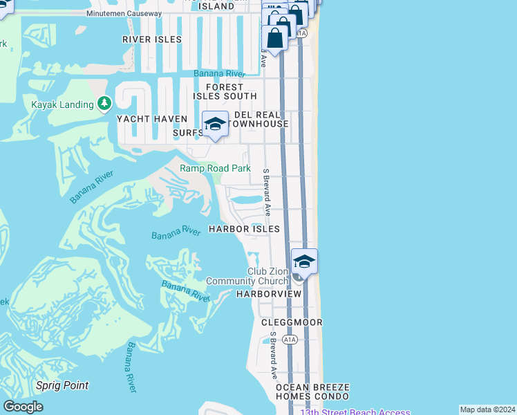 map of restaurants, bars, coffee shops, grocery stores, and more near 550 South Brevard Avenue in Cocoa Beach