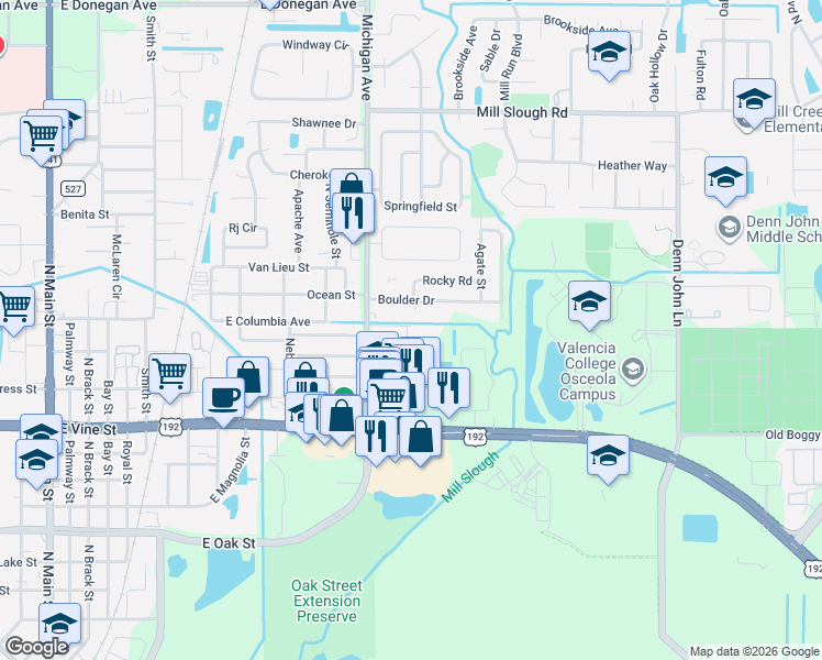 map of restaurants, bars, coffee shops, grocery stores, and more near 1322 Boulder Drive in Kissimmee