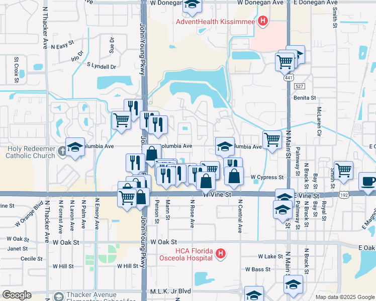map of restaurants, bars, coffee shops, grocery stores, and more near 1603 Columbia Arms Circle in Kissimmee