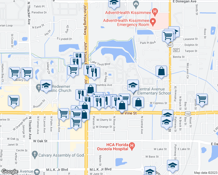 map of restaurants, bars, coffee shops, grocery stores, and more near 1603 Columbia Arms Circle in Kissimmee