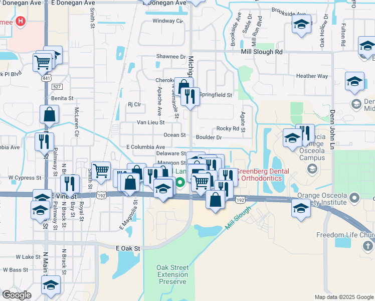map of restaurants, bars, coffee shops, grocery stores, and more near 1237 Delaware Avenue in Kissimmee