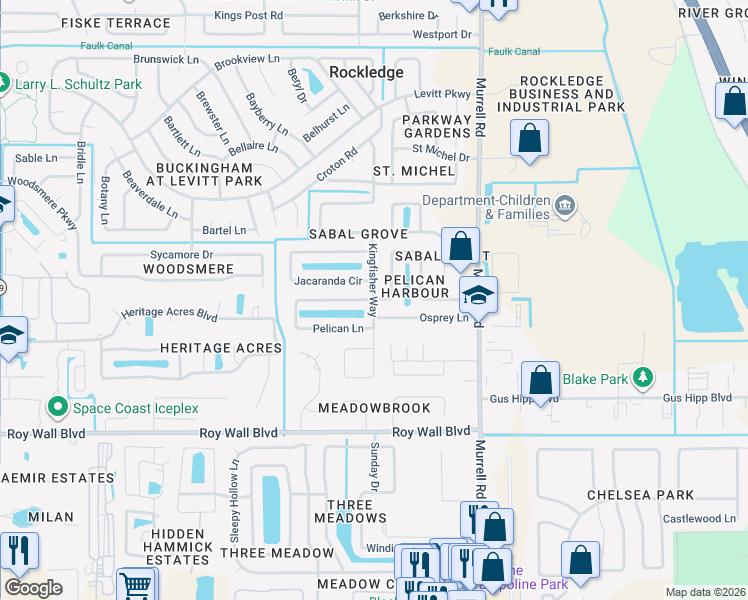 map of restaurants, bars, coffee shops, grocery stores, and more near 983 Kingfisher Way in Rockledge
