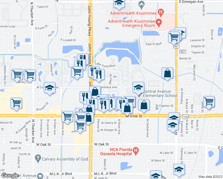 map of restaurants, bars, coffee shops, grocery stores, and more near 1601 Columbia Arms Circle in Kissimmee