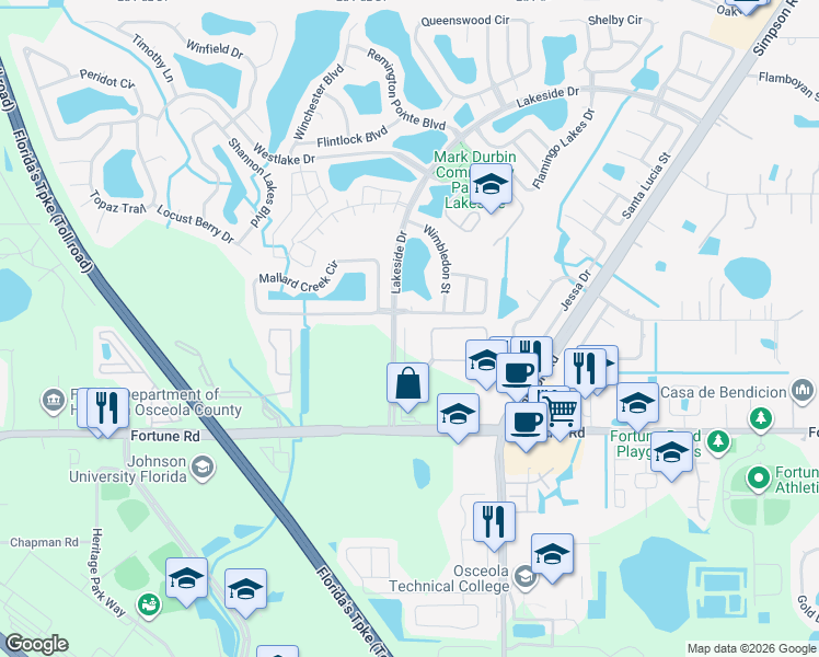 map of restaurants, bars, coffee shops, grocery stores, and more near 2210 Stonehedge Loop in Kissimmee