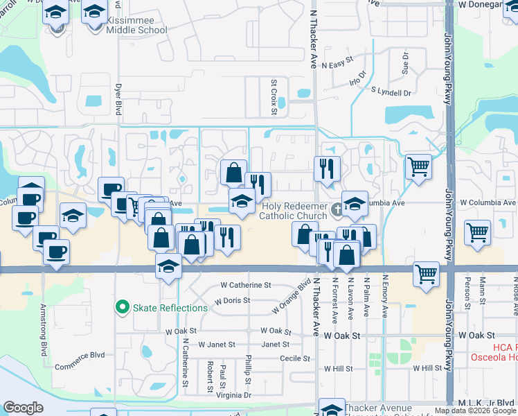 map of restaurants, bars, coffee shops, grocery stores, and more near 2272 West Columbia Avenue in Kissimmee