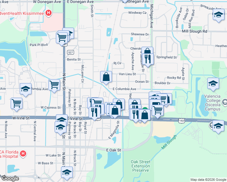 map of restaurants, bars, coffee shops, grocery stores, and more near 902 East Columbia Avenue in Kissimmee