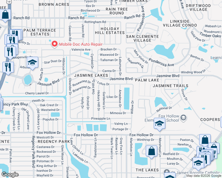 map of restaurants, bars, coffee shops, grocery stores, and more near 10338 Honeysuckle Lane in Port Richey