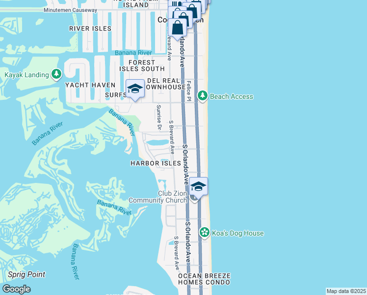 map of restaurants, bars, coffee shops, grocery stores, and more near 211 South 6th Street in Cocoa Beach