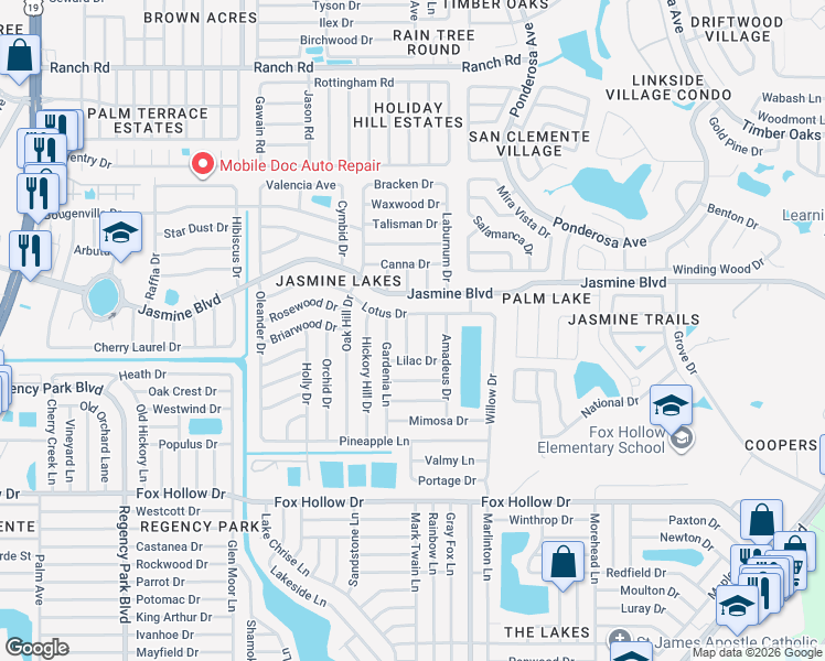 map of restaurants, bars, coffee shops, grocery stores, and more near 10338 Honeysuckle Lane in Port Richey