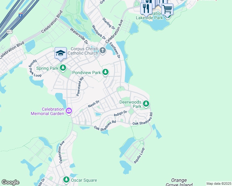 map of restaurants, bars, coffee shops, grocery stores, and more near 829 Oak Shadows Road in Celebration