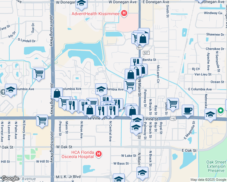 map of restaurants, bars, coffee shops, grocery stores, and more near 1701 North Central Avenue in Kissimmee