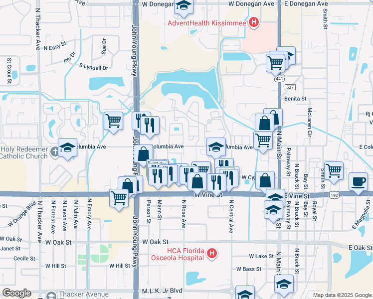 map of restaurants, bars, coffee shops, grocery stores, and more near 704 West Columbia Avenue in Kissimmee
