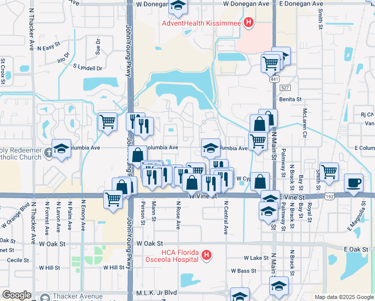 map of restaurants, bars, coffee shops, grocery stores, and more near 704 West Columbia Avenue in Kissimmee