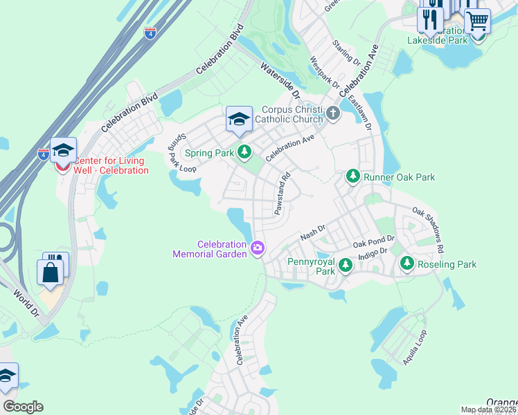map of restaurants, bars, coffee shops, grocery stores, and more near 1057 Banks Rose Street in Celebration