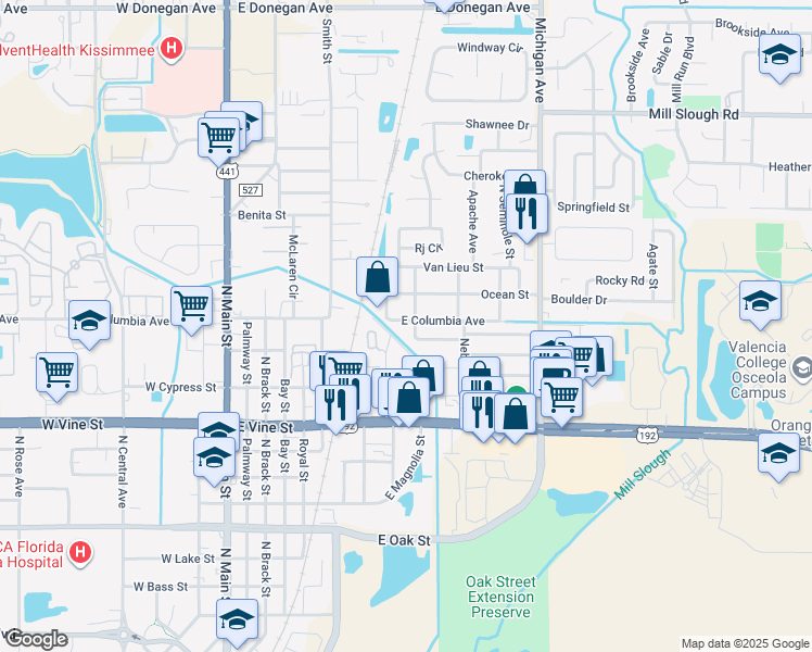 map of restaurants, bars, coffee shops, grocery stores, and more near 890 East Columbia Avenue in Kissimmee
